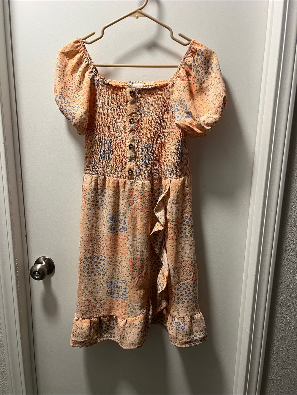 SO Peach Floral Smocked Puff-Sleeve Dress